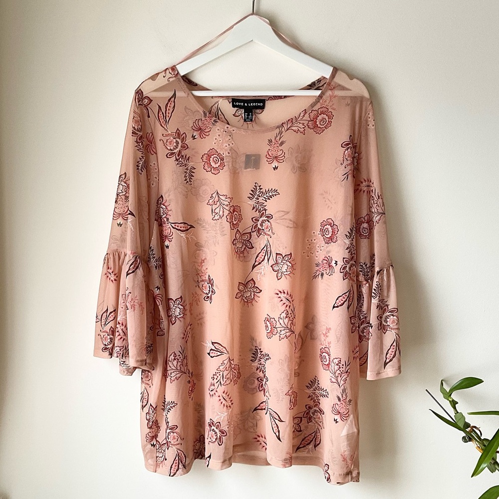 NWT Love and Legend nude mesh top with floral print and bell sleeves.